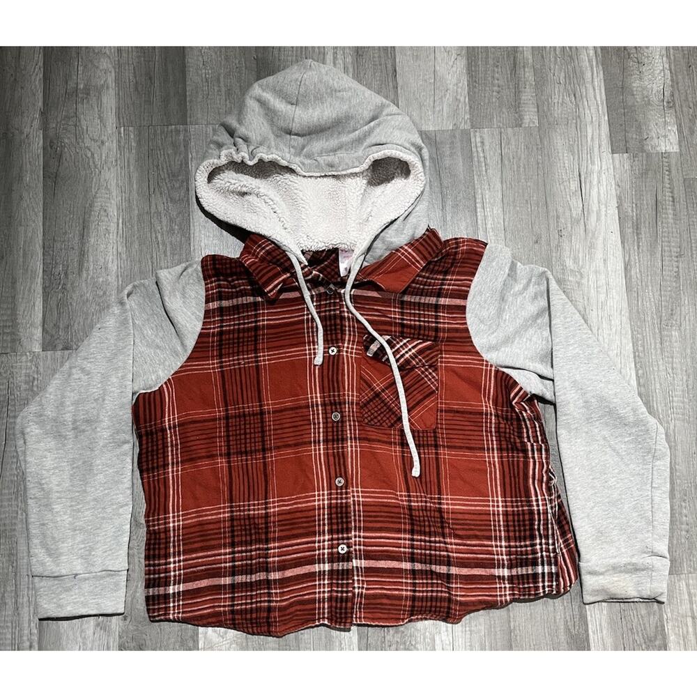 No Boundaries Juniors Pink Cropped Hooded Flannel Shirt Size XXXL 21